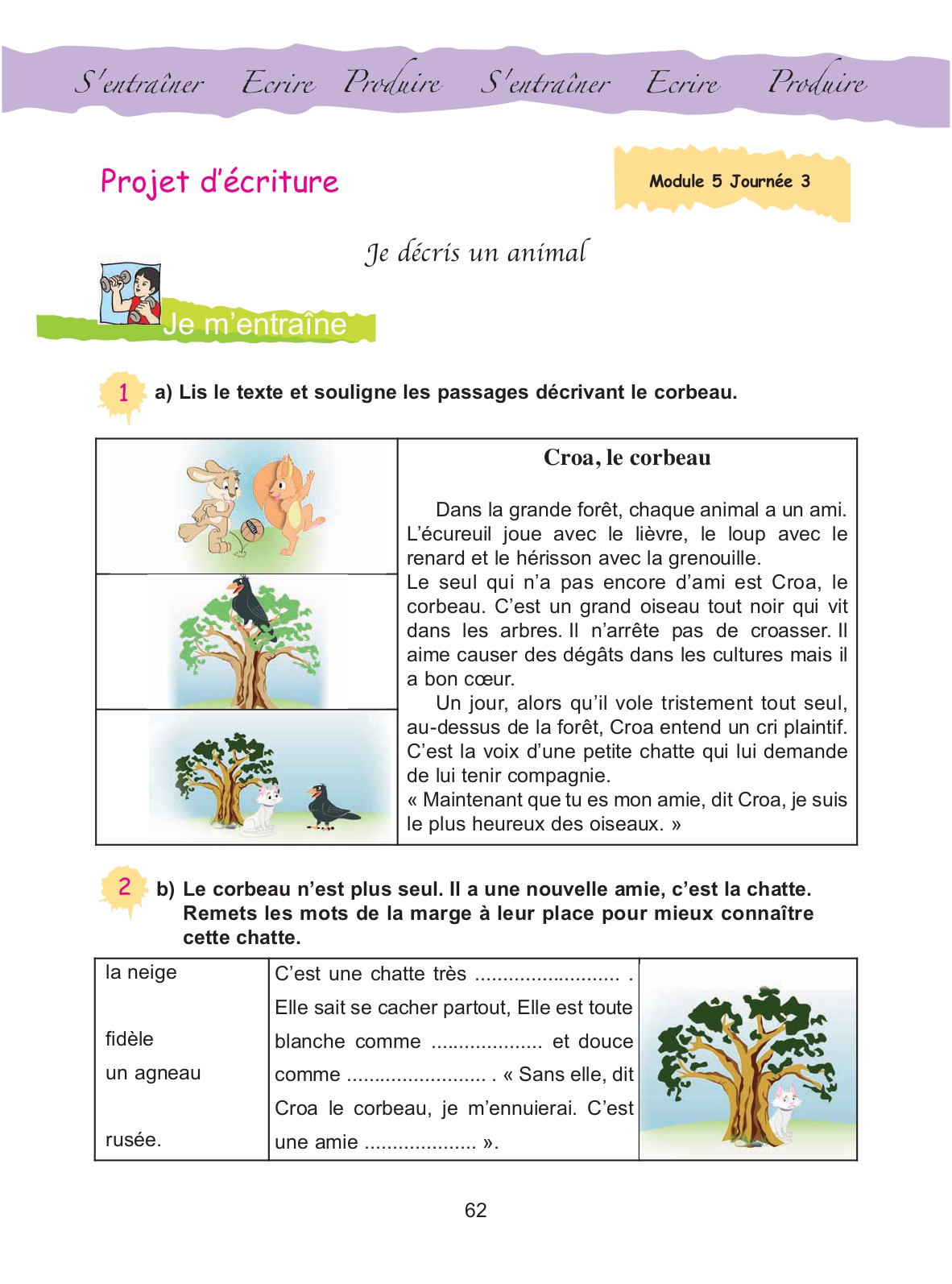 Cahier d'activités, page 62 : « Projet d'écriture — Je décris un animal »